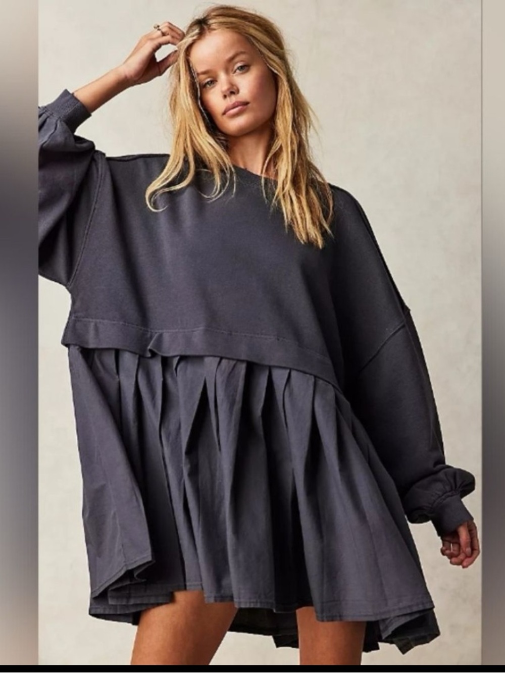 Free People Eleanor Pleated Skirt Sweatshirt Mini Dress Boho Oversized SOLD OUT